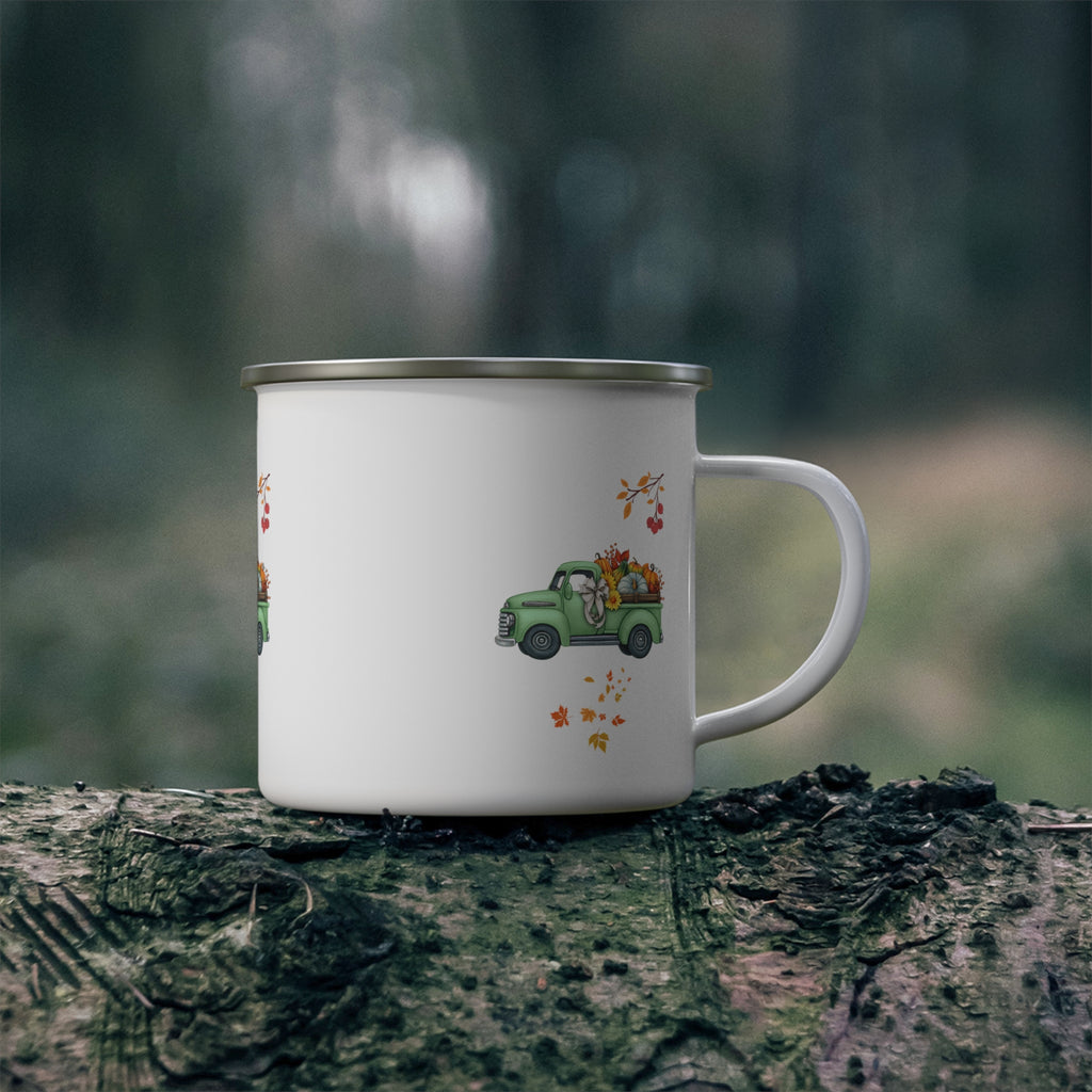 Rustic Enamel Camping Mug with Vintage Green Truck Design