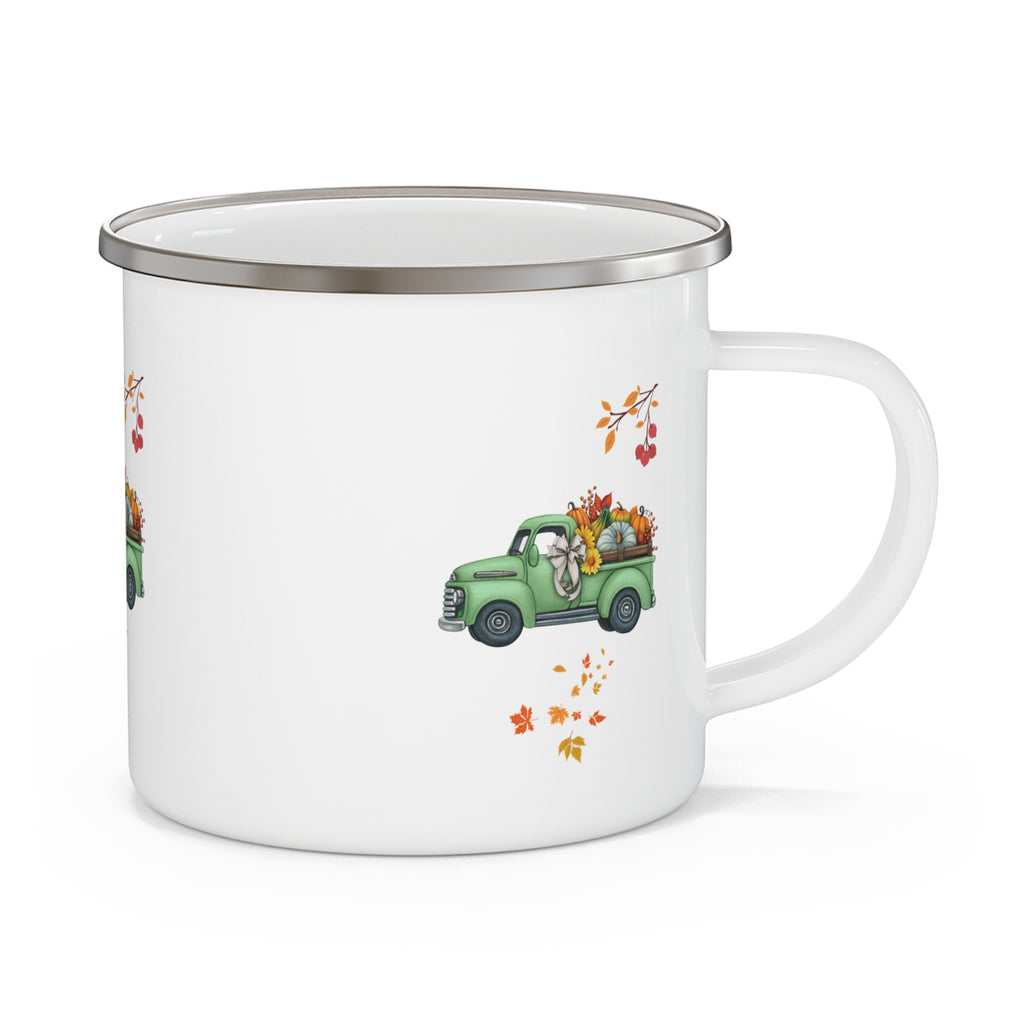 Rustic Enamel Camping Mug with Vintage Green Truck Design