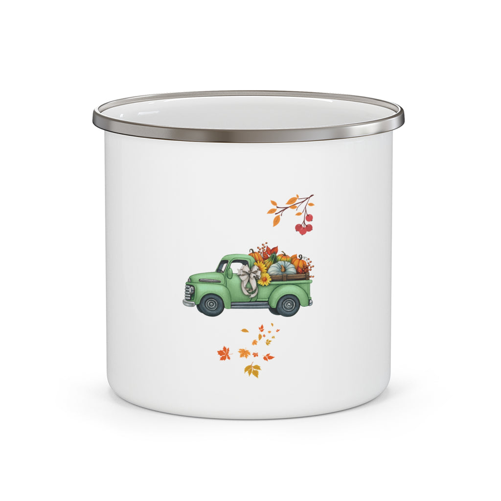 Rustic Enamel Camping Mug with Vintage Green Truck Design