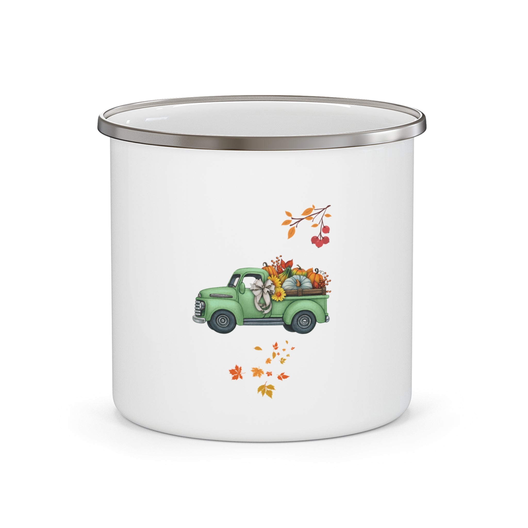 Rustic Enamel Camping Mug with Vintage Green Truck Design