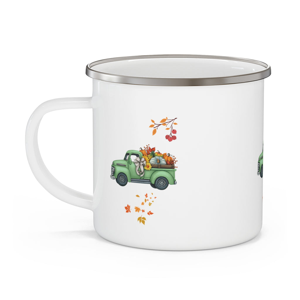 Rustic Enamel Camping Mug with Vintage Green Truck Design