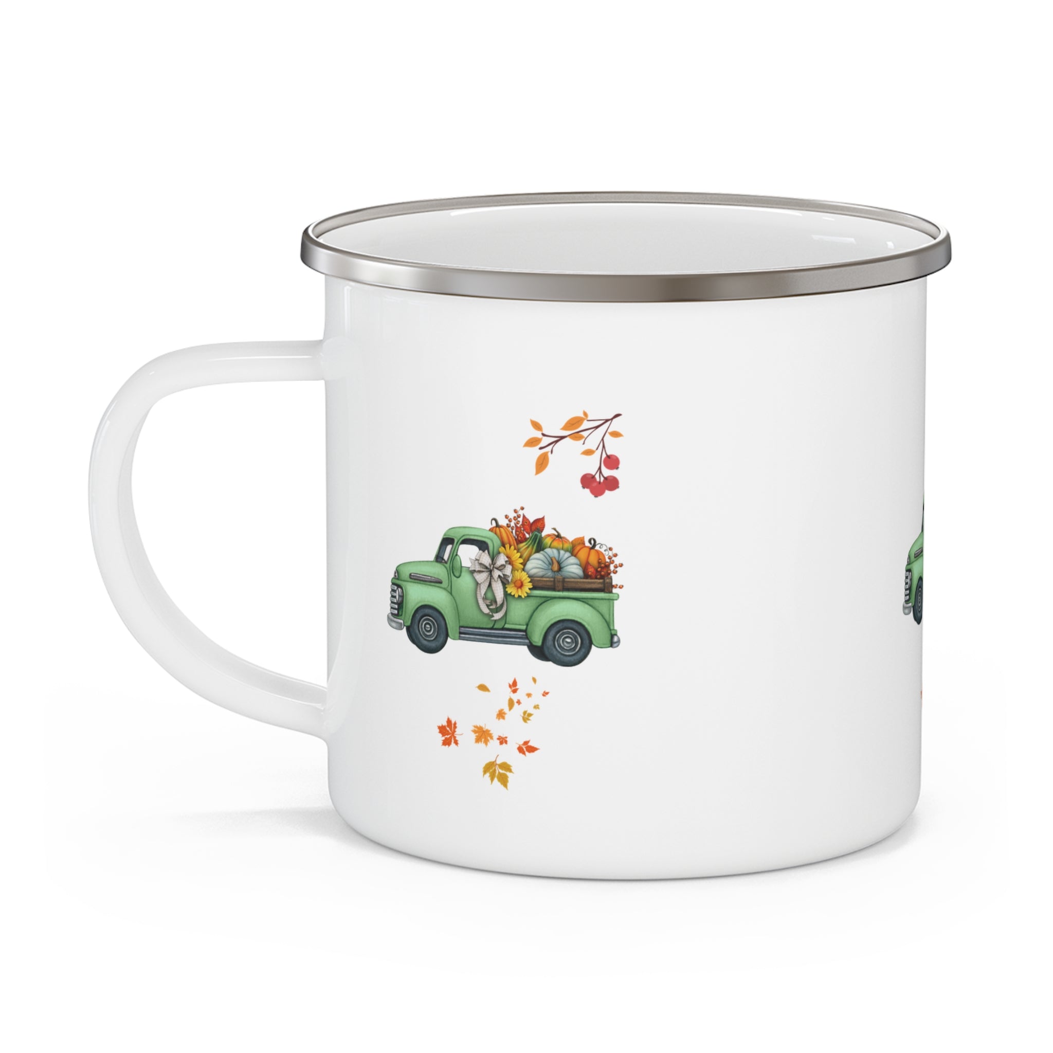 Rustic Enamel Camping Mug with Vintage Green Truck Design